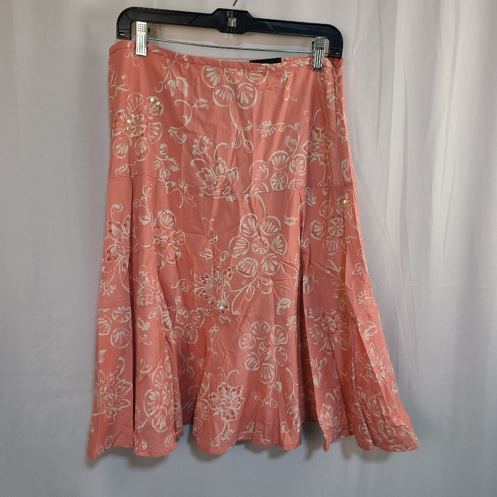 Coral Skirt and Cream Floral Print Size 12 Knee Length Romantic Summer Lined
